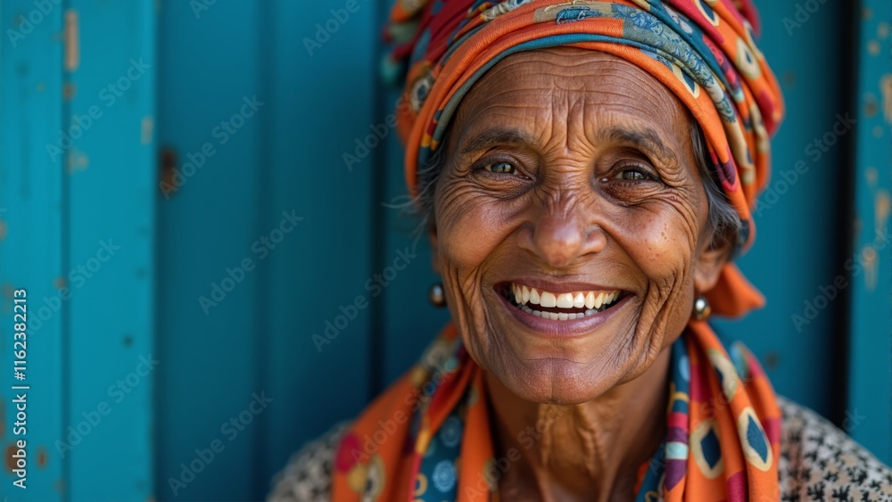 Fototapeta premium Joyful laughter of a woman wearing vibrant colors against a rustic backdrop