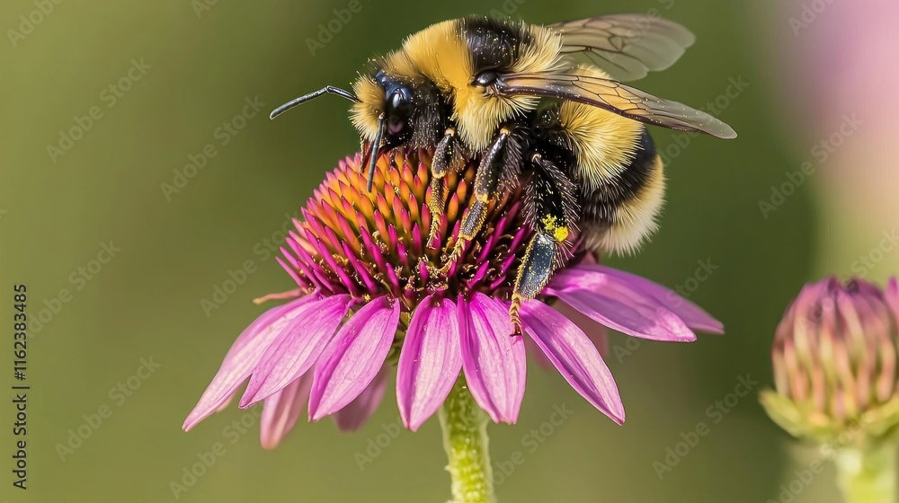 A bumblebee pollinates a vibrant pink flower in nature. A bumblebee pollinates a vibrant pink flower in nature.