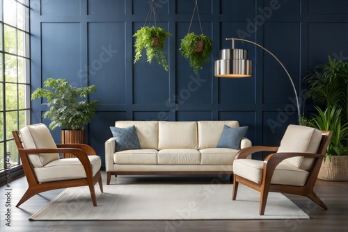 A sleek living room design with an off-white sofa, angular wooden chairs, a chrome floor lamp, and hanging planters, highlighted by a matte dark blue wall and bright natural light in HD photo