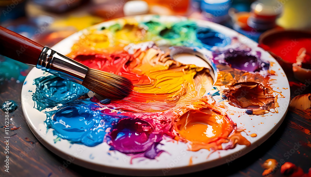 Vibrant close-up of an artist's palette with richly textured oil paints and a paintbrush. Perfect for articles about art, creativity, or design projects. Evokes feelings of passion and artistic Vibrant close-up of an artist's palette with richly textured oil paints and a paintbrush. Perfect for articles about art, creativity, or design projects. Evokes feelings of passion and artistic