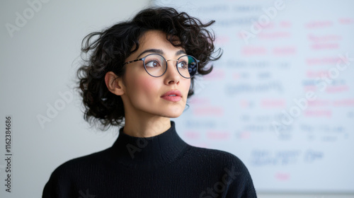 thoughtful woman with curly hair and glasses stands in front of whiteboard filled with notes, wearing black sweater. setting suggests professional or educational environment