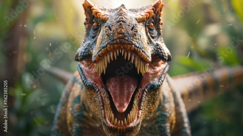 A photorealistic Tyrannosaurus Rex roaring in a lush prehistoric jungle, with vibrant colors and a dramatic lighting effect.  photo