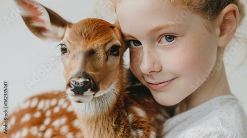 A young girl gently cradling a rescued baby deer in her arms, their eyes locked in a tender gaze.   photo