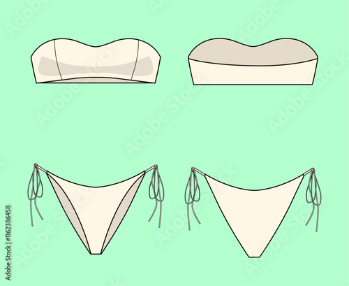 Two-piece swimsuit for swimwear and beachwear outline drawing flat sketch. 