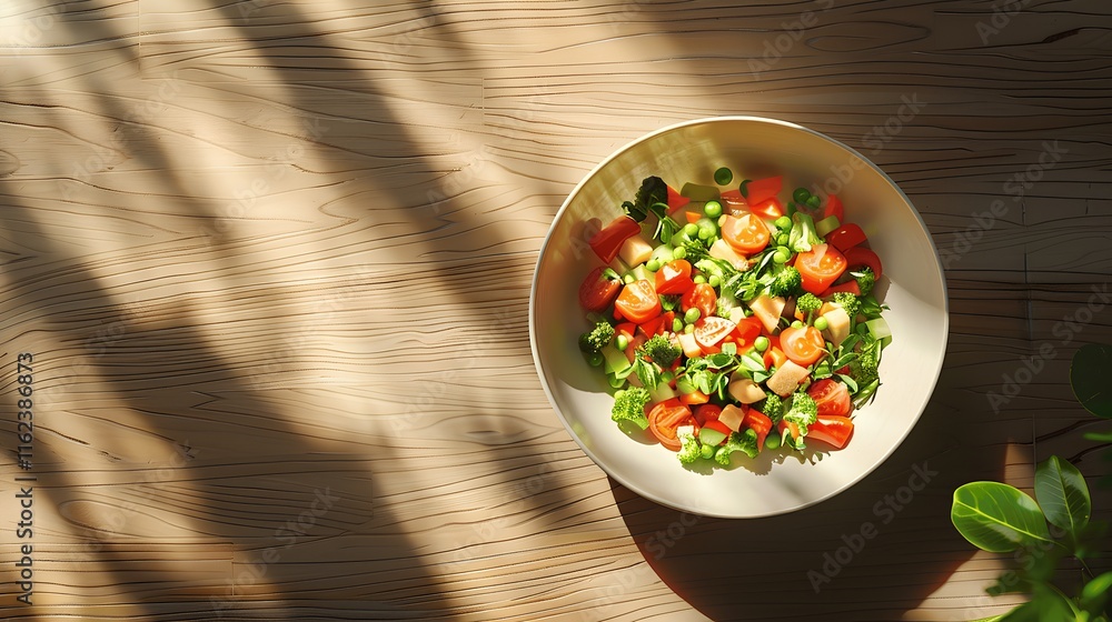 Fresh Colorful Salad with Tomatoes and Greens on a Wooden Table Surrounded by Natural Light and Shadows for Healthy Eating and Lifestyle Imagery