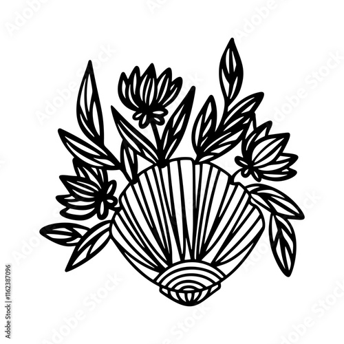 Artistic black vector shell with flowers peeking out, perfect for unique marine-inspired branding and creative designs photo