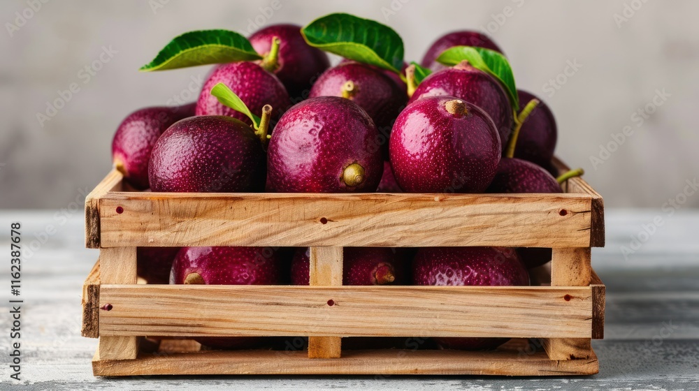 A crate filled with mangosteens, their deep purple skin concealing their snow-white flesh and delicate flavor. A crate filled with mangosteens, their deep purple skin concealing their snow-white flesh and delicate flavor.