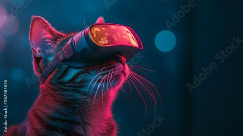 Cat wearing VR headset with a light blue bokeh background and neon lighting, portraying a futuristic atmosphere and cyberpunk style.
