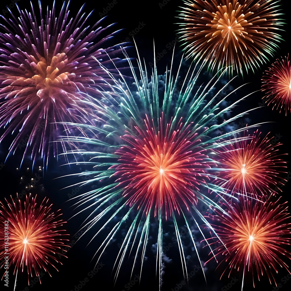 Fototapeta premium Vibrant Fireworks Display Night Sky Colorful Explosions