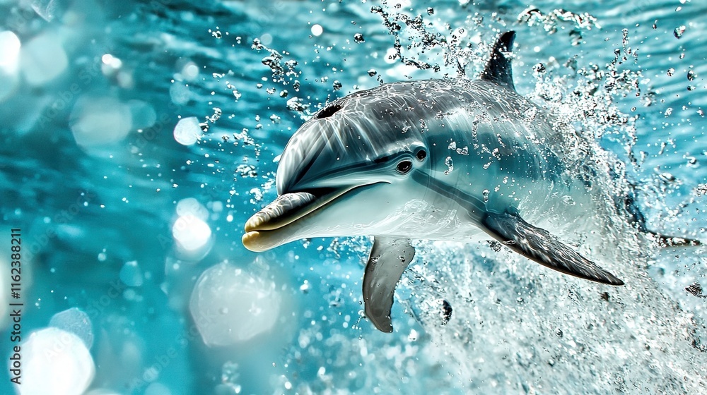 Fototapeta premium Dolphin Jumping in Water Ocean High-Fidelity Photography White Background Aerial View High-Key Concept