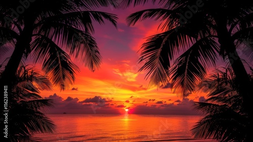Breathtaking Tropical Sunset Through Palm Trees Over the Tranquil Sea