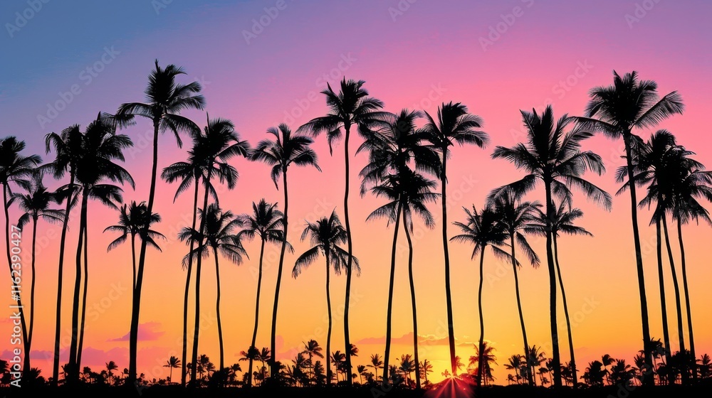 Obraz premium Silhouetted Palm Trees in a Colorful Sunset Over a Tropical Horizon