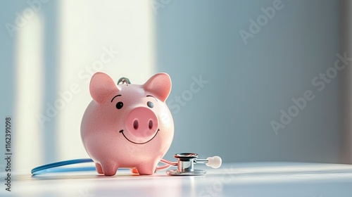 Piggy bank with stethoscope; healthcare costs concept. (2) photo