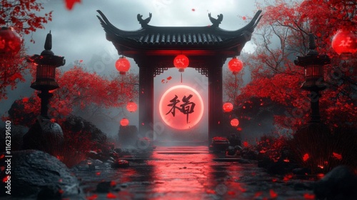 Crimson Gate: A mystical Asian lantern-lit path, bathed in red hues. photo