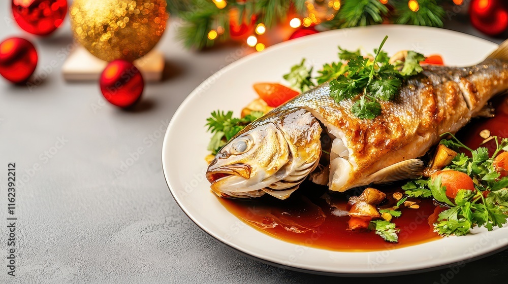 Chinese New Year Food Concept, Whole Steamed Fish Garnished with Fresh Herbs and Soy Sauce Served on a Festive Table Chinese New Year Food Concept, Whole Steamed Fish Garnished with Fresh Herbs and Soy Sauce Served on a Festive Table
