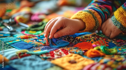 15.Close-up of a child's small hands grasping an assortment of colorful threads with sewing supplies scattered on a table; there are scissors, fabric patches, and needles, creating a playful and