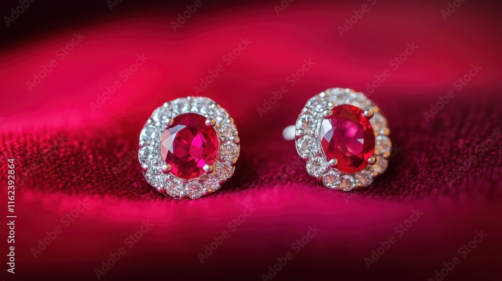 Elegant Ruby Earrings with Diamond Accents on Red Velvet Background Elegant Ruby Earrings with Diamond Accents on Red Velvet Background