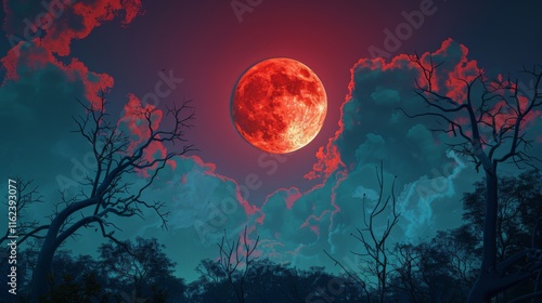 Blood-red moon glowing behind leafless trees and ominous clouds in a dark, eerie night sky photo