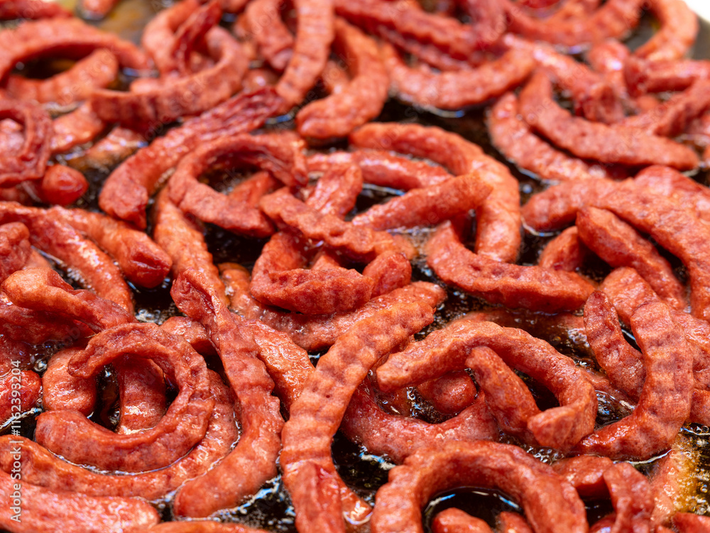 Fototapeta premium Sausages fried in a large pan. Asian street food Thailand.