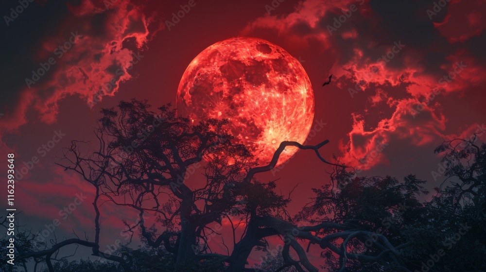 Fototapeta premium Red full moon in a vibrant night sky with eerie clouds and silhouetted tree branches creating a surreal and mysterious scene