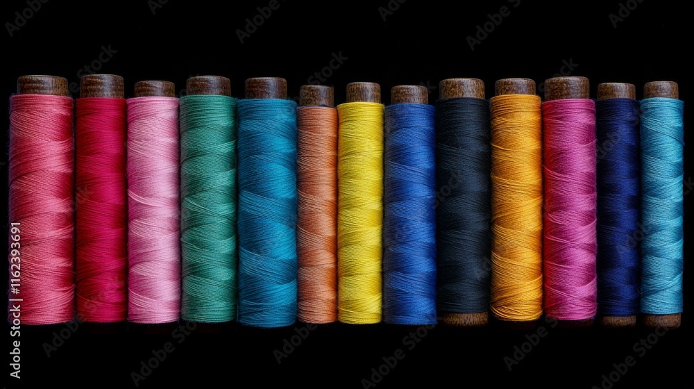 33.Isolated view of various spools of sewing thread arranged in a neat row, each with vividly colored yarns wound around; the threads display different hues, showcasing the diversity used in the 33.Isolated view of various spools of sewing thread arranged in a neat row, each with vividly colored yarns wound around; the threads display different hues, showcasing the diversity used in the