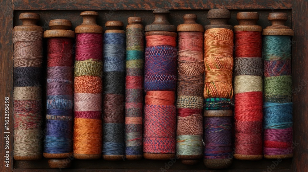 33.Isolated view of various spools of sewing thread arranged in a neat row, each with vividly colored yarns wound around; the threads display different hues, showcasing the diversity used in the 33.Isolated view of various spools of sewing thread arranged in a neat row, each with vividly colored yarns wound around; the threads display different hues, showcasing the diversity used in the