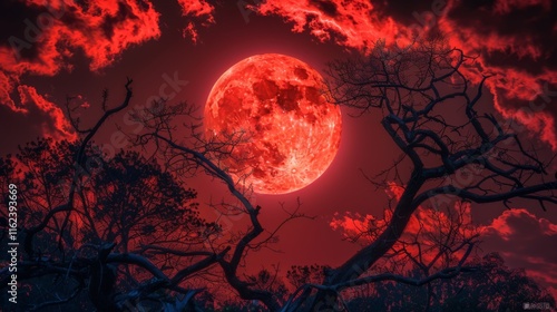 Fototapeta Naklejka Na Ścianę i Meble -  Red glowing moon dominating a dramatic night sky with ominous clouds and silhouetted twisting branches creating an eerie scene