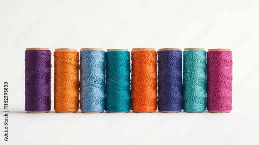 35.Assorted spools of sewing thread in bold colors like orange, purple, and teal, arranged artistically against a white background, focusing on the texture and even winding of the yarns around each 35.Assorted spools of sewing thread in bold colors like orange, purple, and teal, arranged artistically against a white background, focusing on the texture and even winding of the yarns around each