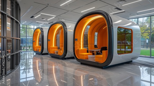 Modern futuristic work pods with bright orange interiors and curved designs in an innovative office space photo