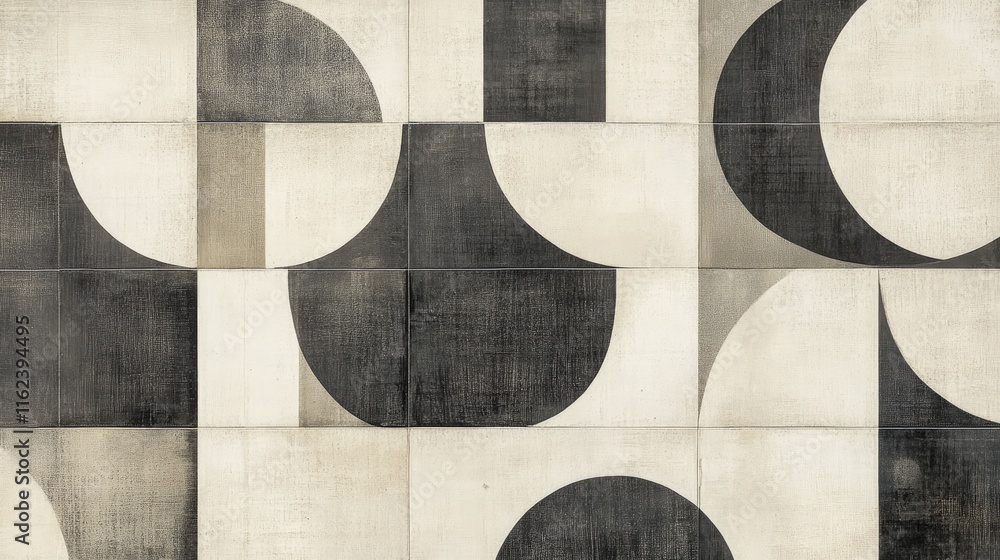 A neutral-toned geometric pattern with overlapping circles and squares in soft gray and cream hues