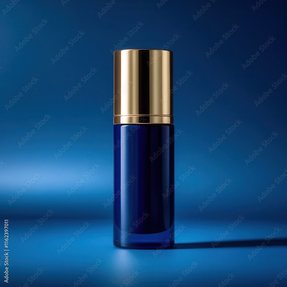 Bottle of perfume is sitting on a blue surface Bottle of perfume is sitting on a blue surface