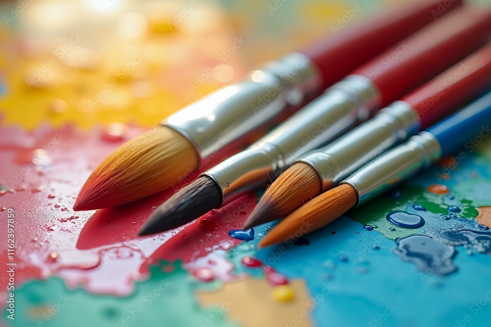 Fototapeta premium Paintbrushes Resting on Colorful Palette