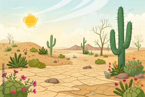 A vector cartoon illustration of a vast Western desert landscape under a hot summer sun. The dry, cracked land is dotted with green cacti, some in full bloom with colorful flowers.