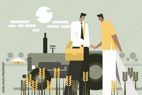 A businessman shake hands with a farmer in a farm