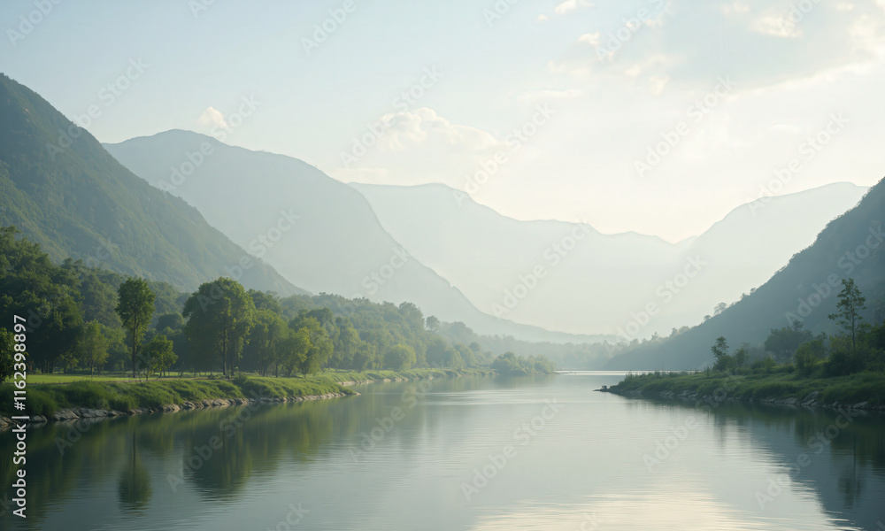 A soft, minimalist scene of a quiet, peaceful river winding through a lush green valley. The calm, slow-moving water reflects A soft, minimalist scene of a quiet, peaceful river winding through a lush green valley. The calm, slow-moving water reflects