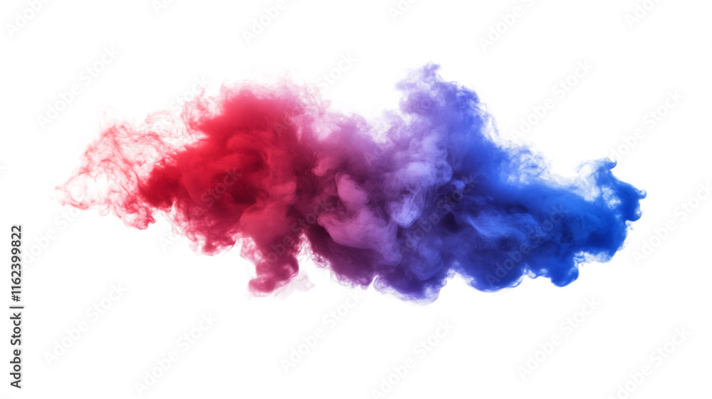Fototapeta premium Colorful smoke cloud merging red and blue colors on transparent background, perfect for graphic design projects