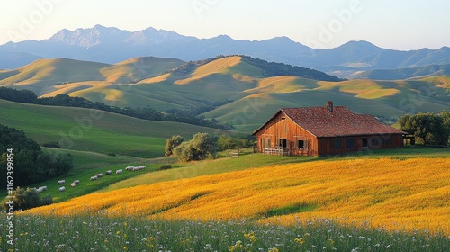 Rustic barn on rolling hills with sheep and mountains in background.