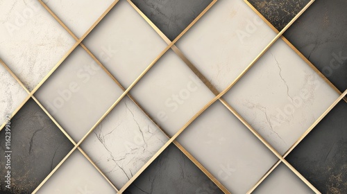 A modern minimalist background with overlapping diamond shapes in neutral tones, accented with gold