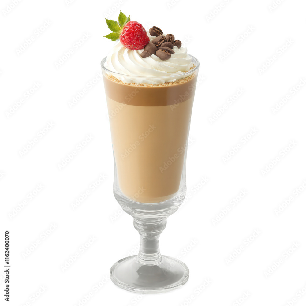 Mocha mousse parfait layered in a tall glass, alternating between creamy mocha mousse, caramel sauce, and chocolate crumbs. The top Mocha mousse parfait layered in a tall glass, alternating between creamy mocha mousse, caramel sauce, and chocolate crumbs. The top