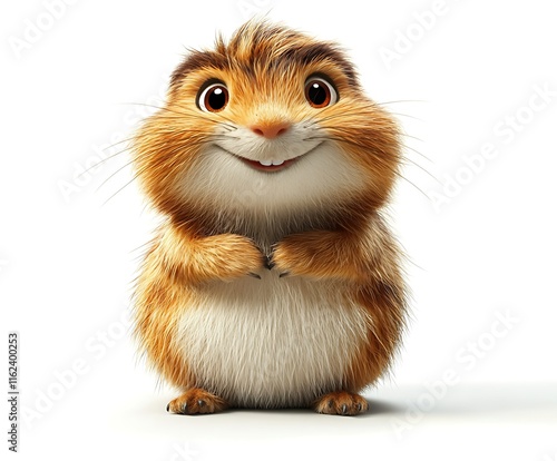 Adorable cartoon hamster, sitting, smiling, isolated on white background.