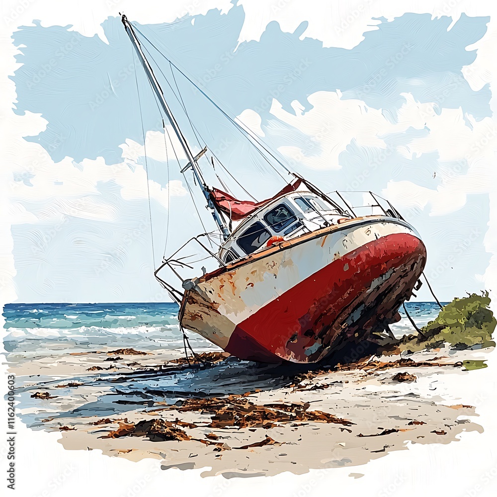 A weathered sailboat rests on a sandy beach, its mast reaching towards a bright sky in a painterly illustration. A weathered sailboat rests on a sandy beach, its mast reaching towards a bright sky in a painterly illustration.