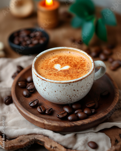 A cup of coffee with coffee beans around it