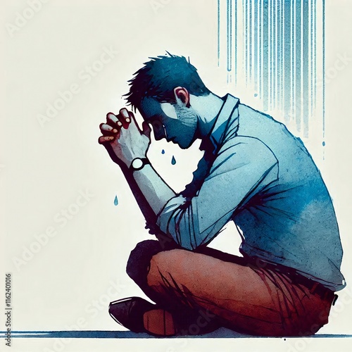 Minimalist illustration of Sad desperate grieving crying man with folded hands and tears eyes during trouble, life difficulties, depression and emotional problems photo