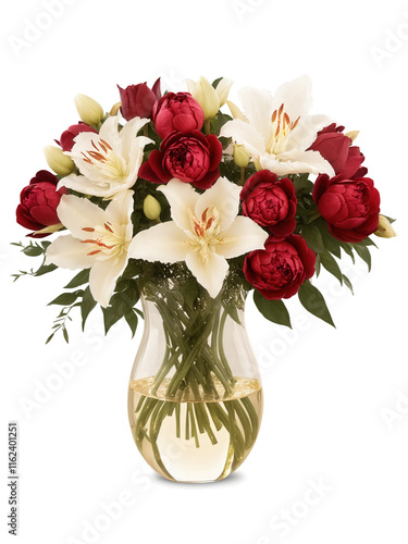 Wallpaper Mural Romantic Symphony (Roses Peonies Lilies) teardrop-shaped glass vase half-filled with shimmering, golden-tinted water, holding a bouquet of deep Torontodigital.ca