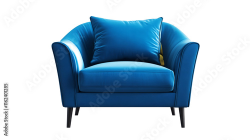 Blue armchair featuring matching cushion, resting against transparent backdrop, ideal for interior design rendering