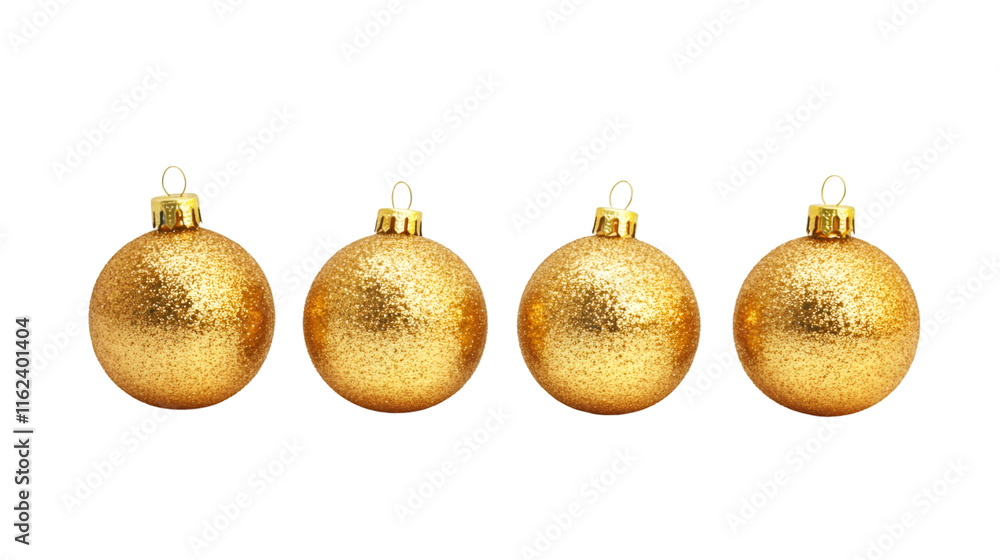 Golden christmas baubles suspended, reflecting festive elegance against transparent backdrop Golden christmas baubles suspended, reflecting festive elegance against transparent backdrop