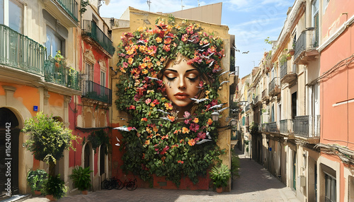 Stunning mural of a woman's face adorned with vibrant flowers and birds, set against the backdrop of a charming, colorful European street.