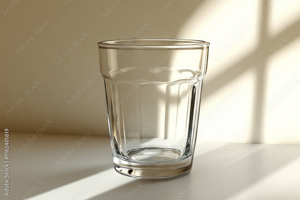 A clear glass sitting on a surface, illuminated by soft light and casting shadows.