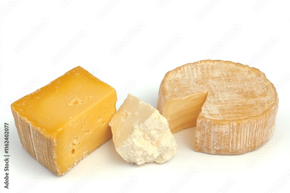 A variety of cheeses displayed together on a white background. A variety of cheeses displayed together on a white background.