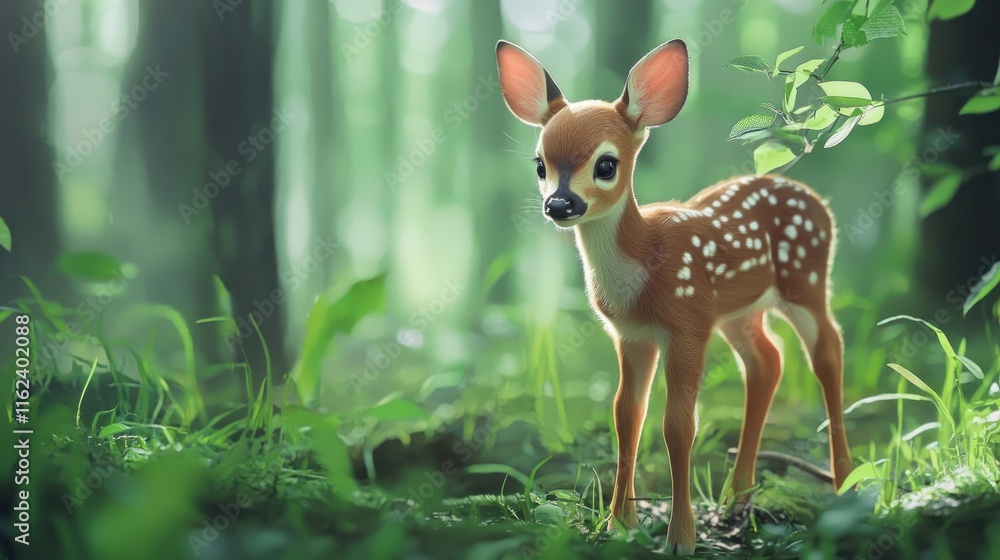 A young white tailed deer fawn in a forest A young white tailed deer fawn in a forest